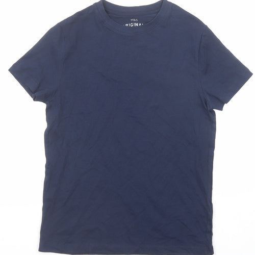 Marks and Spencer Boys Blue Cotton Basic T-Shirt Size 10-11 Years Round Neck Pullover