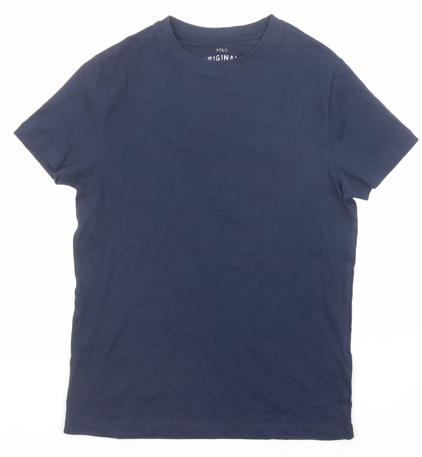 Marks and Spencer Boys Blue Cotton Basic T-Shirt Size 10-11 Years Round Neck Pullover