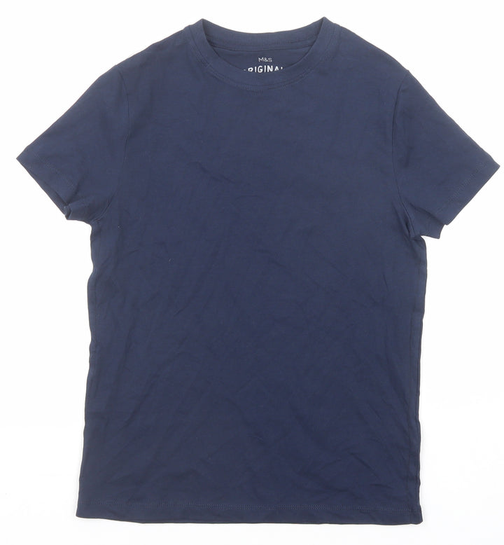 Marks and Spencer Boys Blue Cotton Basic T-Shirt Size 10-11 Years Round Neck Pullover