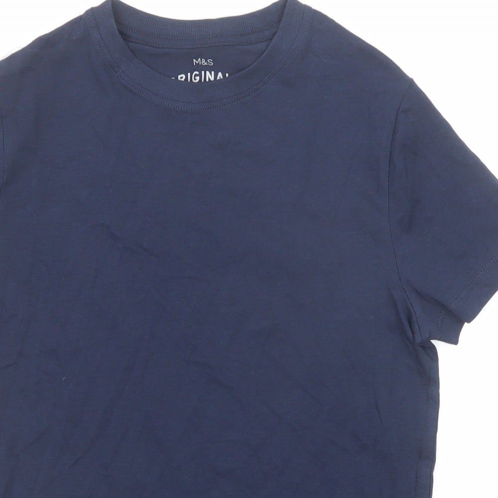 Marks and Spencer Boys Blue Cotton Basic T-Shirt Size 10-11 Years Round Neck Pullover