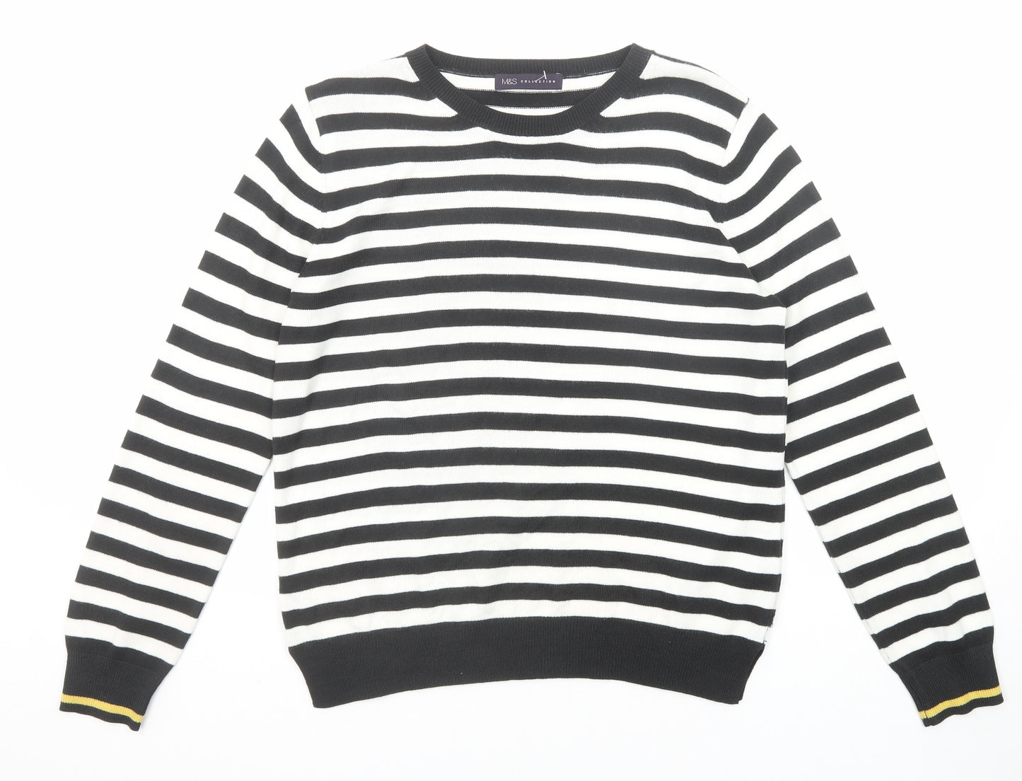Marks and Spencer Womens Black Round Neck Striped Acrylic Pullover Jumper Size 12