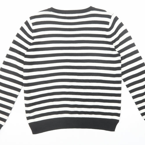 Marks and Spencer Womens Black Round Neck Striped Acrylic Pullover Jumper Size 12
