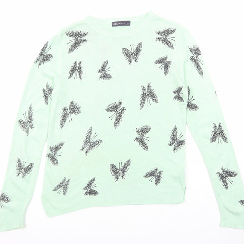 Marks and Spencer Womens Green Round Neck Geometric Acrylic Pullover Jumper Size 12 - Butterfly