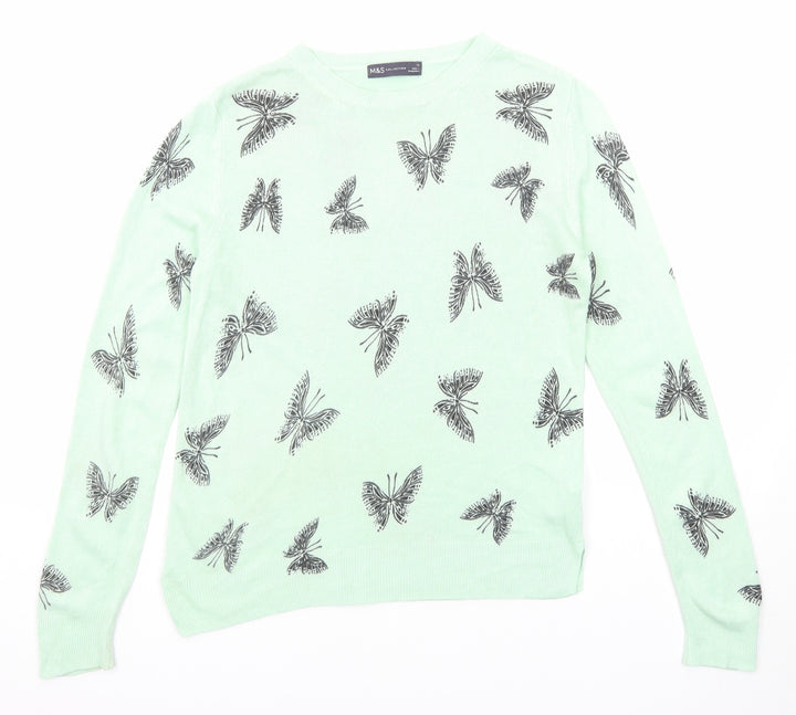 Marks and Spencer Womens Green Round Neck Geometric Acrylic Pullover Jumper Size 12 - Butterfly