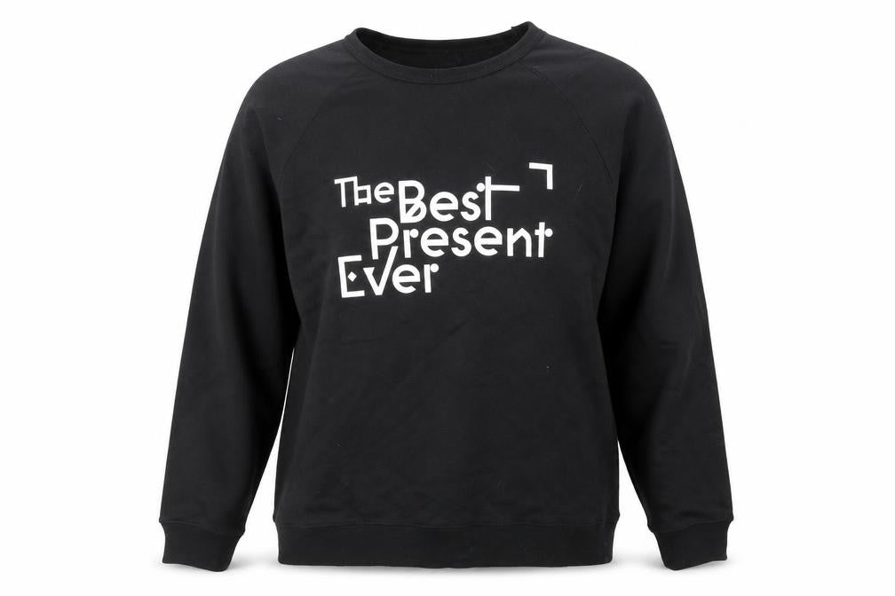 Front view of H&M women’s black cotton pullover sweatshirt, size XL, pullover - the best present ever