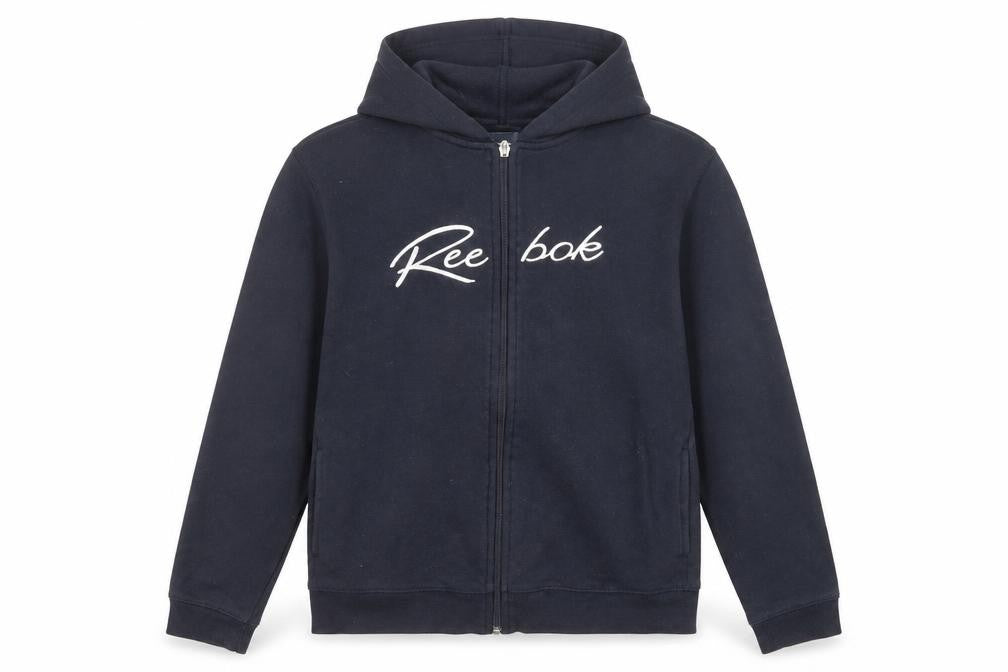 Front view of Reebok boys’ blue polyester full zip hoodie, size XL, zip