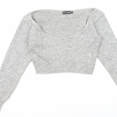 PRETTYLITTLETHING Womens Grey Scoop Neck Acrylic Pullover Jumper Size S - Cropped