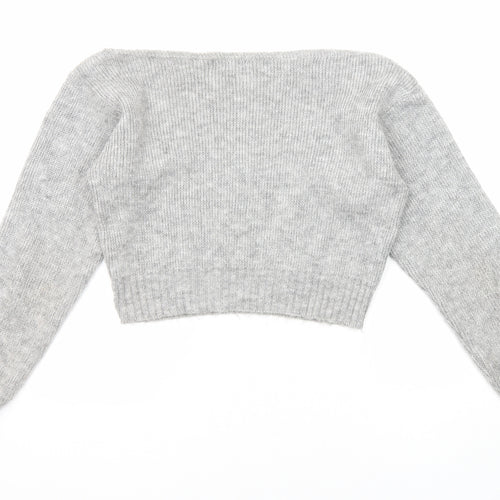 PRETTYLITTLETHING Womens Grey Scoop Neck Acrylic Pullover Jumper Size S - Cropped