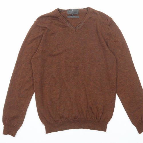 Marks and Spencer Mens Brown V-Neck Acrylic Pullover Jumper Size M Long Sleeve