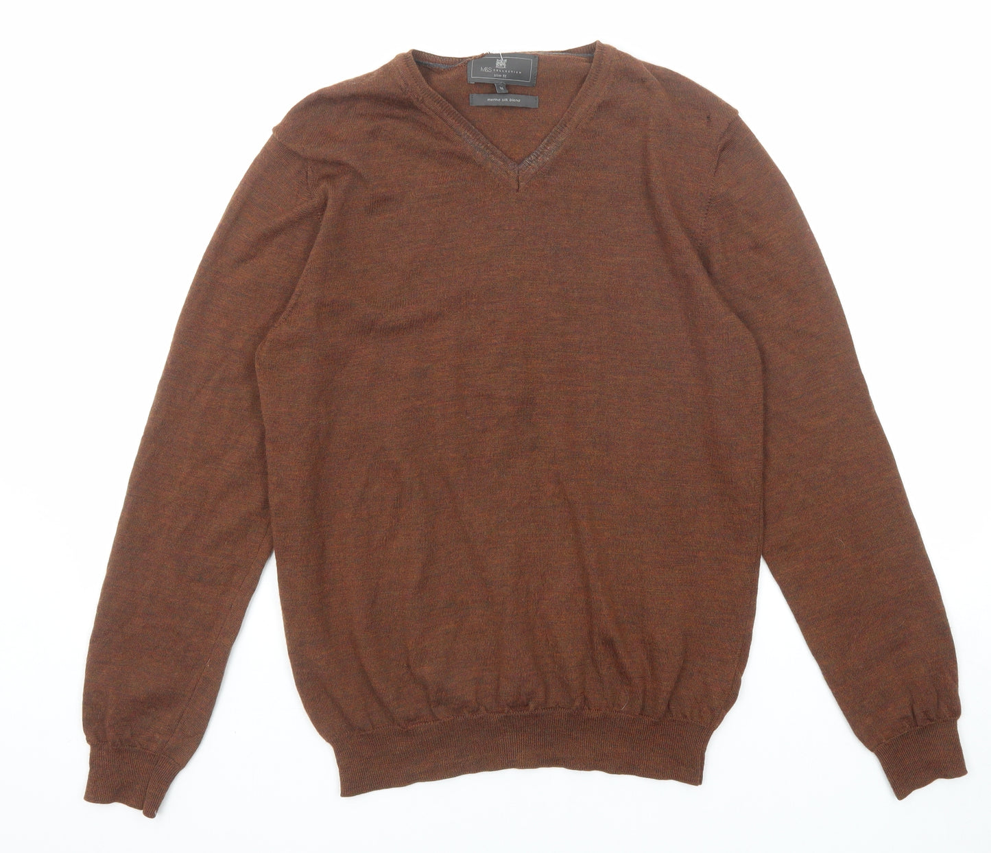 Marks and Spencer Mens Brown V-Neck Acrylic Pullover Jumper Size M Long Sleeve