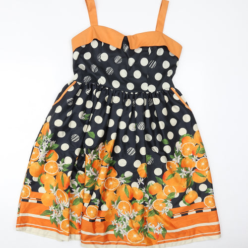 Lily Boy Womens Blue Polka Dot Polyester Fit & Flare Size 14 V-Neck Zip - Orange Pattern