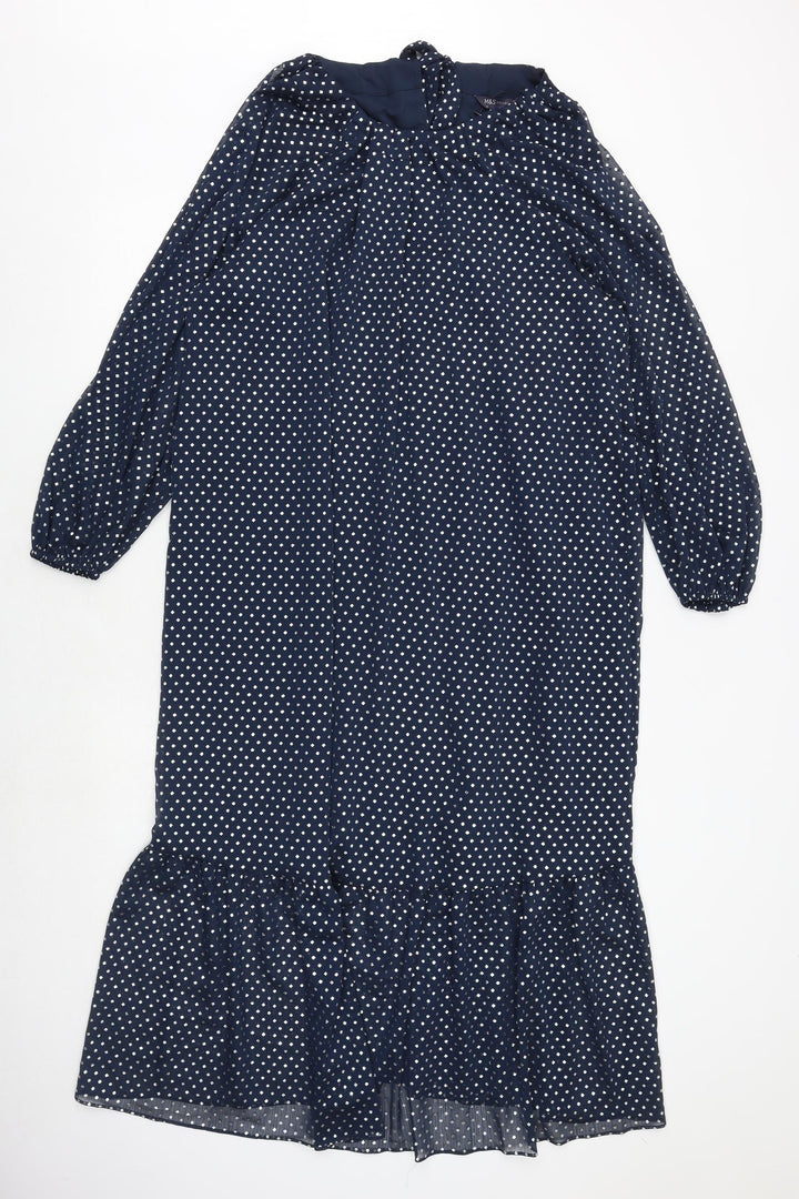 Marks and Spencer Womens Blue Polka Dot Polyester Trapeze & Swing Size 10 Round Neck Button