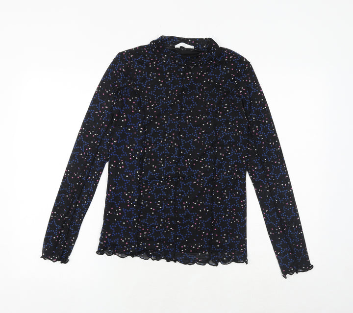 Marks and Spencer Girls Black Geometric Polyester Basic Blouse Size 13-14 Years Mock Neck Pullover - Star Print
