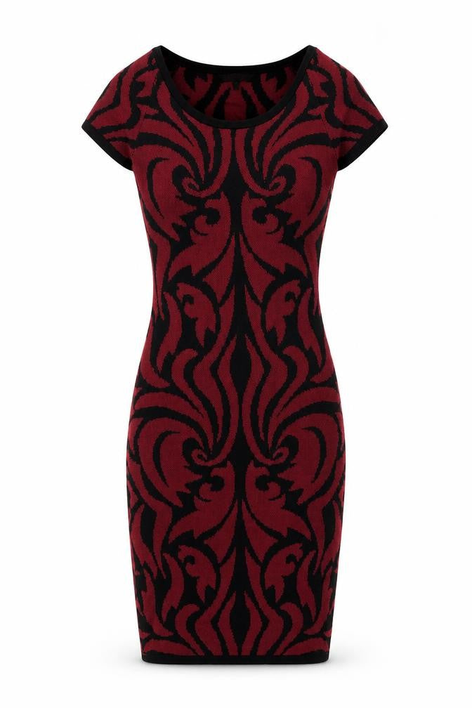 Front view of Julien Macdonald women’s pink geometric polyester pencil dress, size UK 8, scoop neck pullover