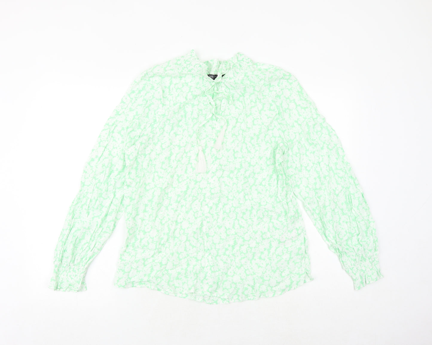 Marks and Spencer Womens Green Geometric Viscose Basic Blouse Size 14 V-Neck