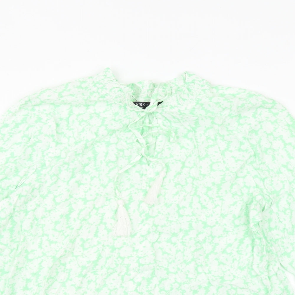 Marks and Spencer Womens Green Geometric Viscose Basic Blouse Size 14 V-Neck