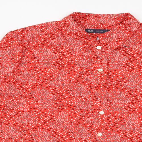 Marks and Spencer Womens Red Geometric Polyester Basic Button-Up Size 16 Collared - Star Print