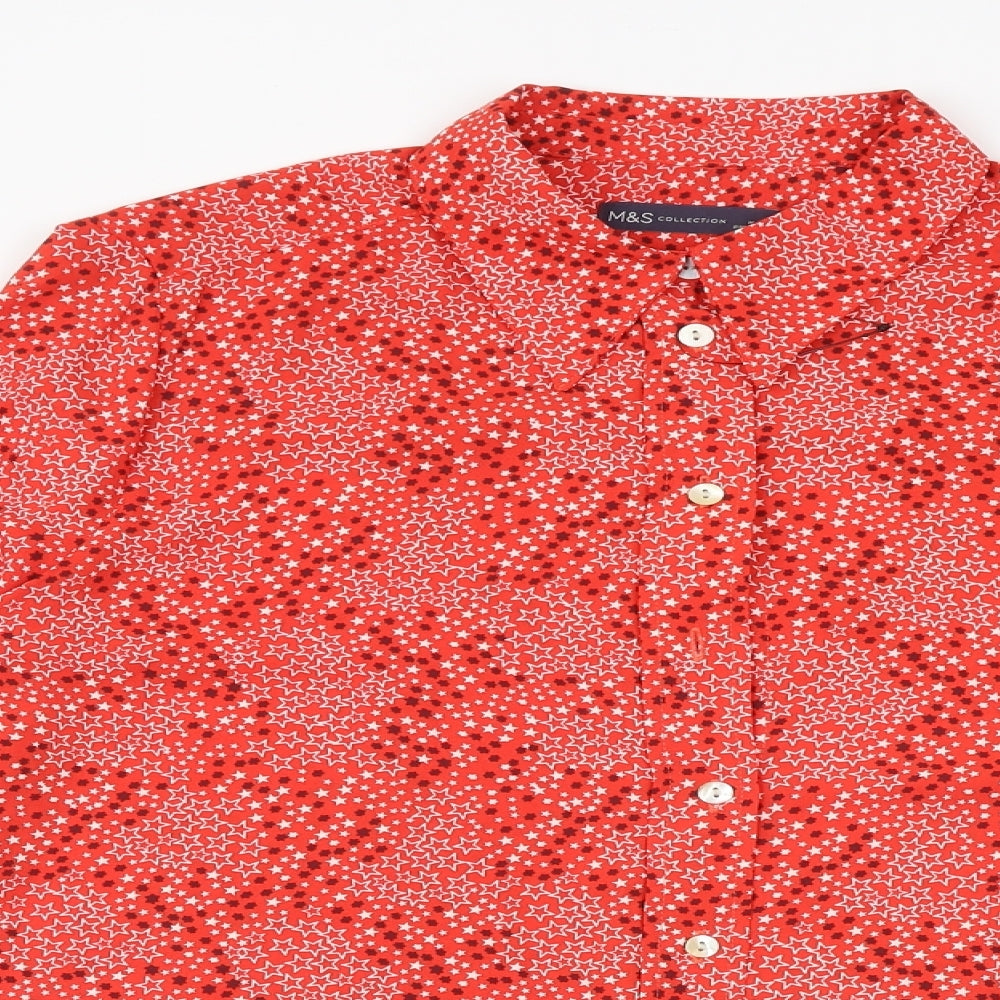 Marks and Spencer Womens Red Geometric Polyester Basic Button-Up Size 16 Collared - Star Print