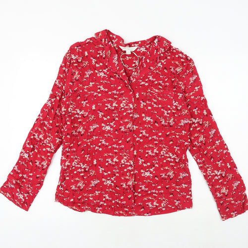 Marks and Spencer Womens Red Floral Viscose Basic Button-Up Size 8 Collared