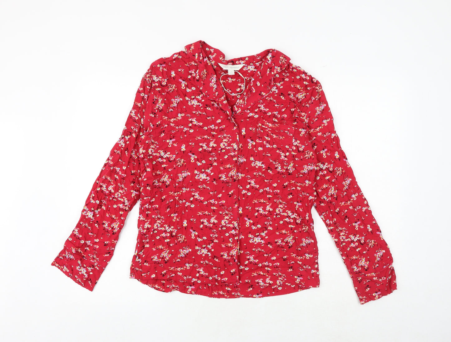Marks and Spencer Womens Red Floral Viscose Basic Button-Up Size 8 Collared