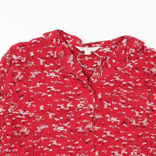 Marks and Spencer Womens Red Floral Viscose Basic Button-Up Size 8 Collared