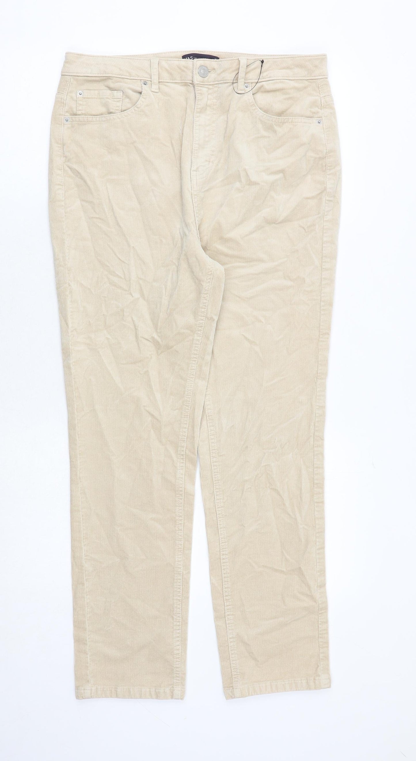 Marks and Spencer Womens Beige Cotton Trousers Size 14 Regular Zip