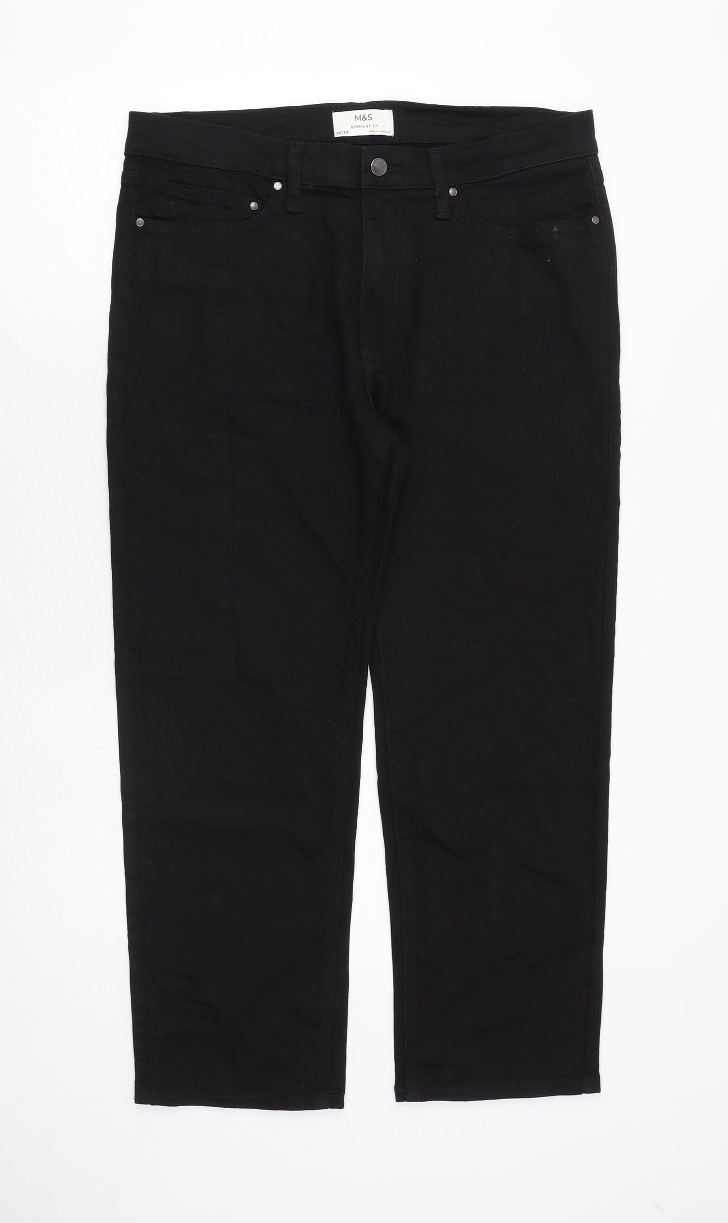 Marks and Spencer Mens Black Cotton Straight Jeans Size 34 in Regular Zip