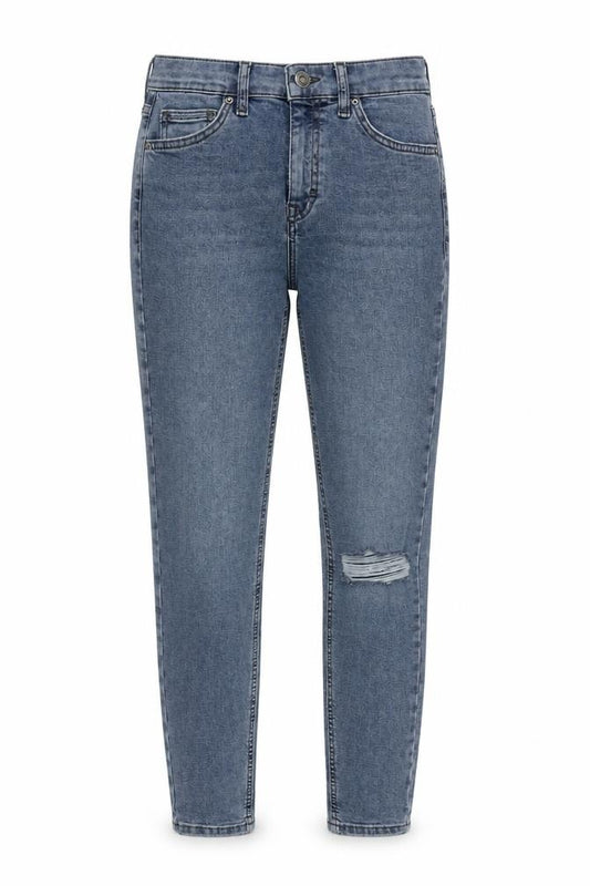 Front view of Topshop women’s blue cotton skinny jeans, size UK 26, in regular zip