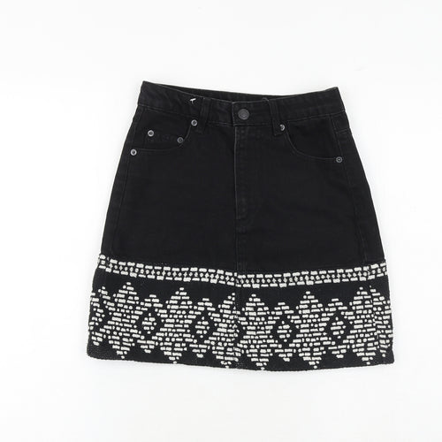 Stradivarius Womens Black Geometric Cotton A-Line Skirt Size 6 Zip