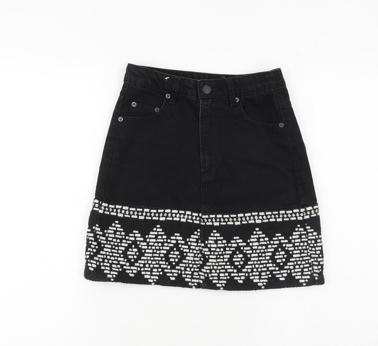 Stradivarius Womens Black Geometric Cotton A-Line Skirt Size 6 Zip