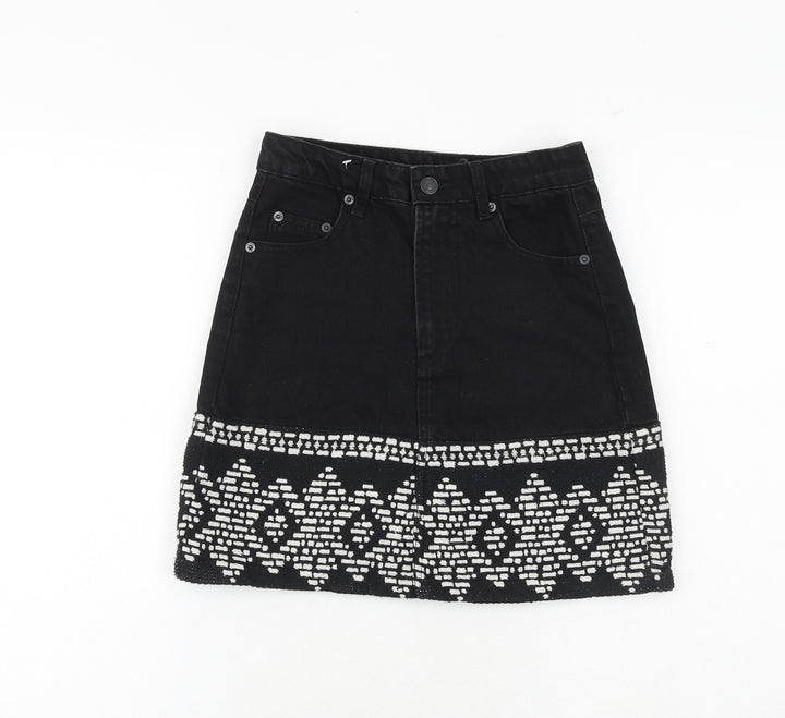 Stradivarius Womens Black Geometric Cotton A-Line Skirt Size 6 Zip