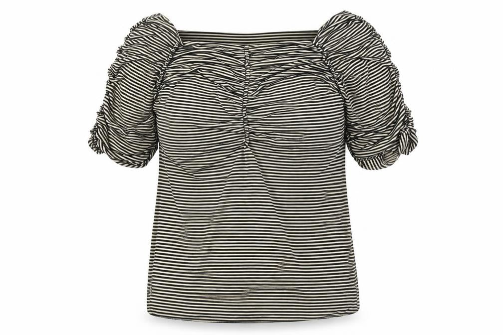 Front view of Studio M women’s black striped viscose basic blouse, size M, square neck