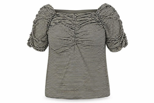 Front view of Studio M women’s black striped viscose basic blouse, size M, square neck