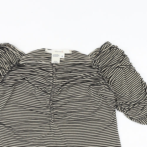 Studio M Womens Black Striped Viscose Basic Blouse Size M Square Neck