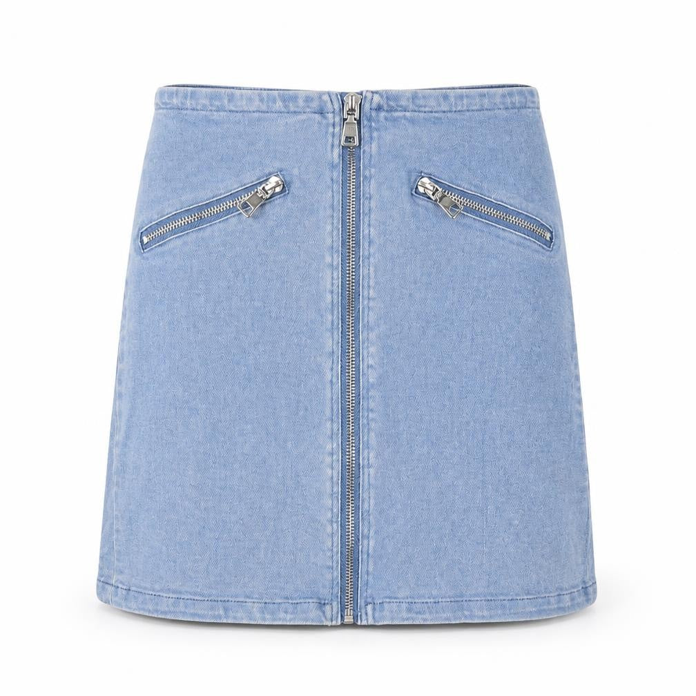 Front view of Mystery Jane women’s blue polyester a-line skirt, size S, zip