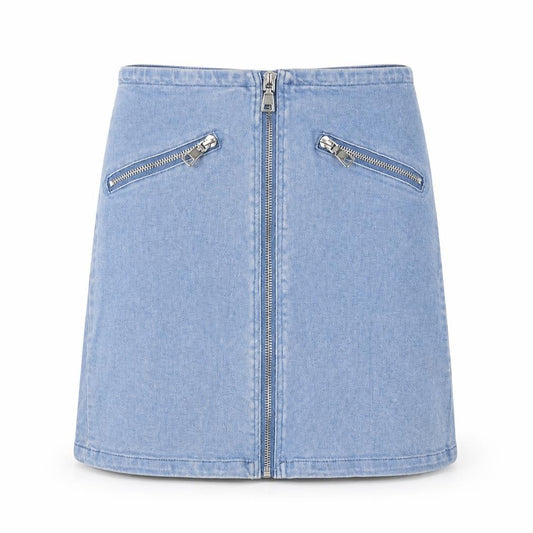 Front view of Mystery Jane women’s blue polyester a-line skirt, size S, zip