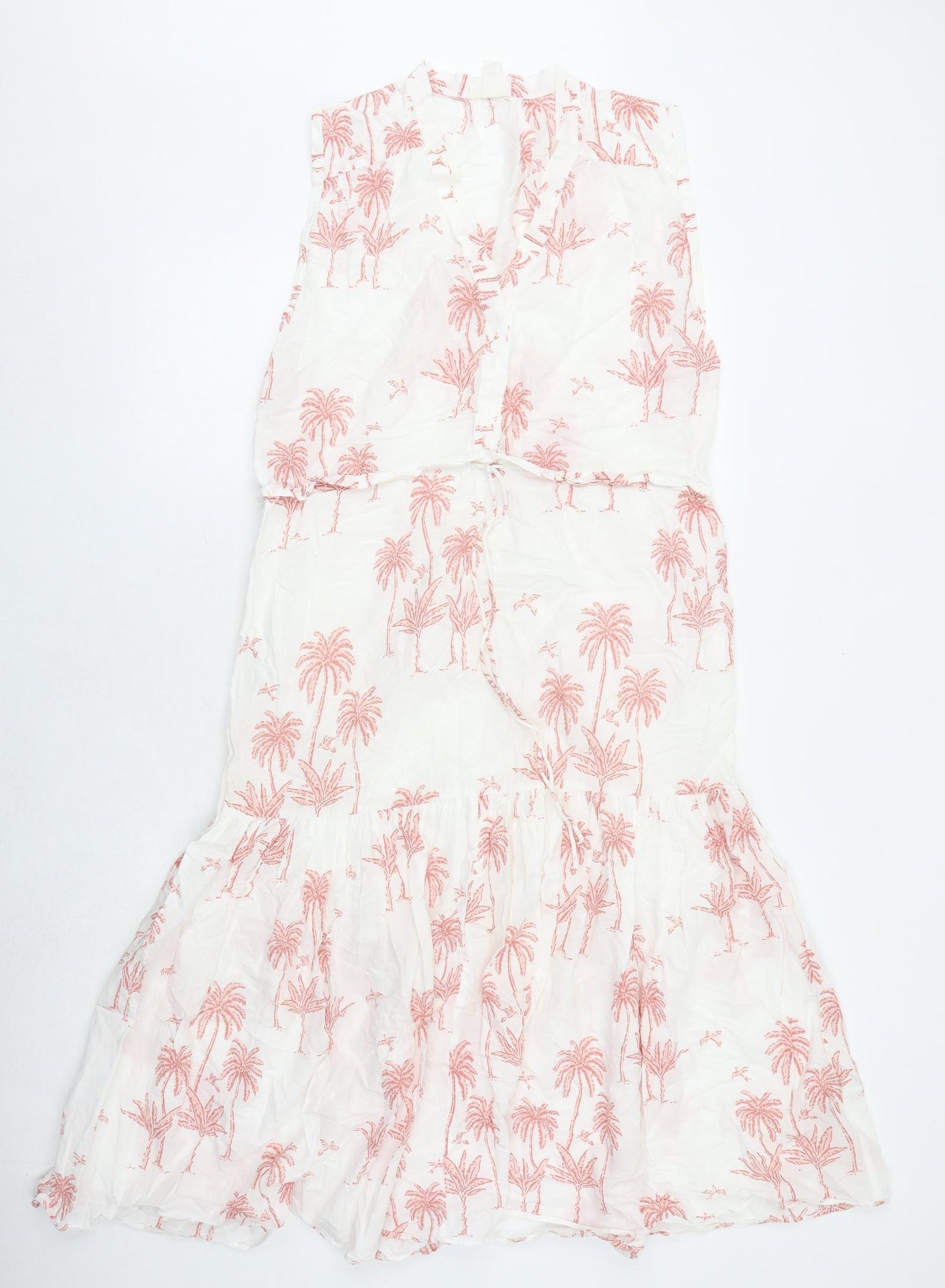 H&M Womens White Geometric Cotton A-Line Size S V-Neck Tie - Palm Tree