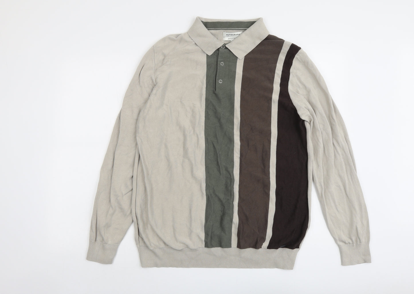 Autograph Mens Beige Collared Cotton Pullover Jumper Size XL Long Sleeve