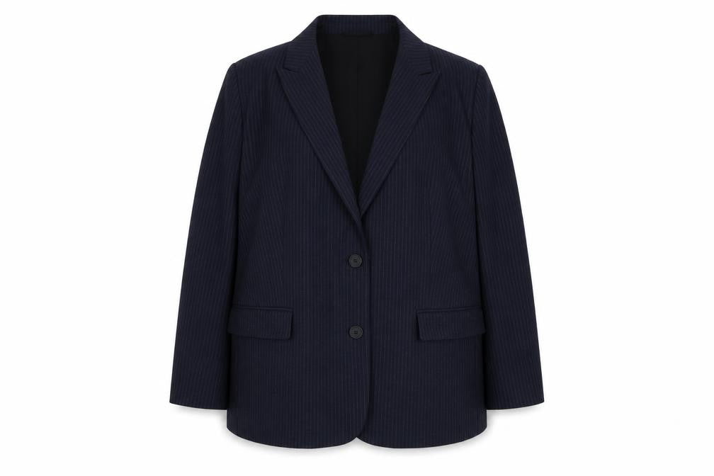 Front view of Marks & Spencer women’s blue pinstripe polyester jacket suit jacket, size UK 20
