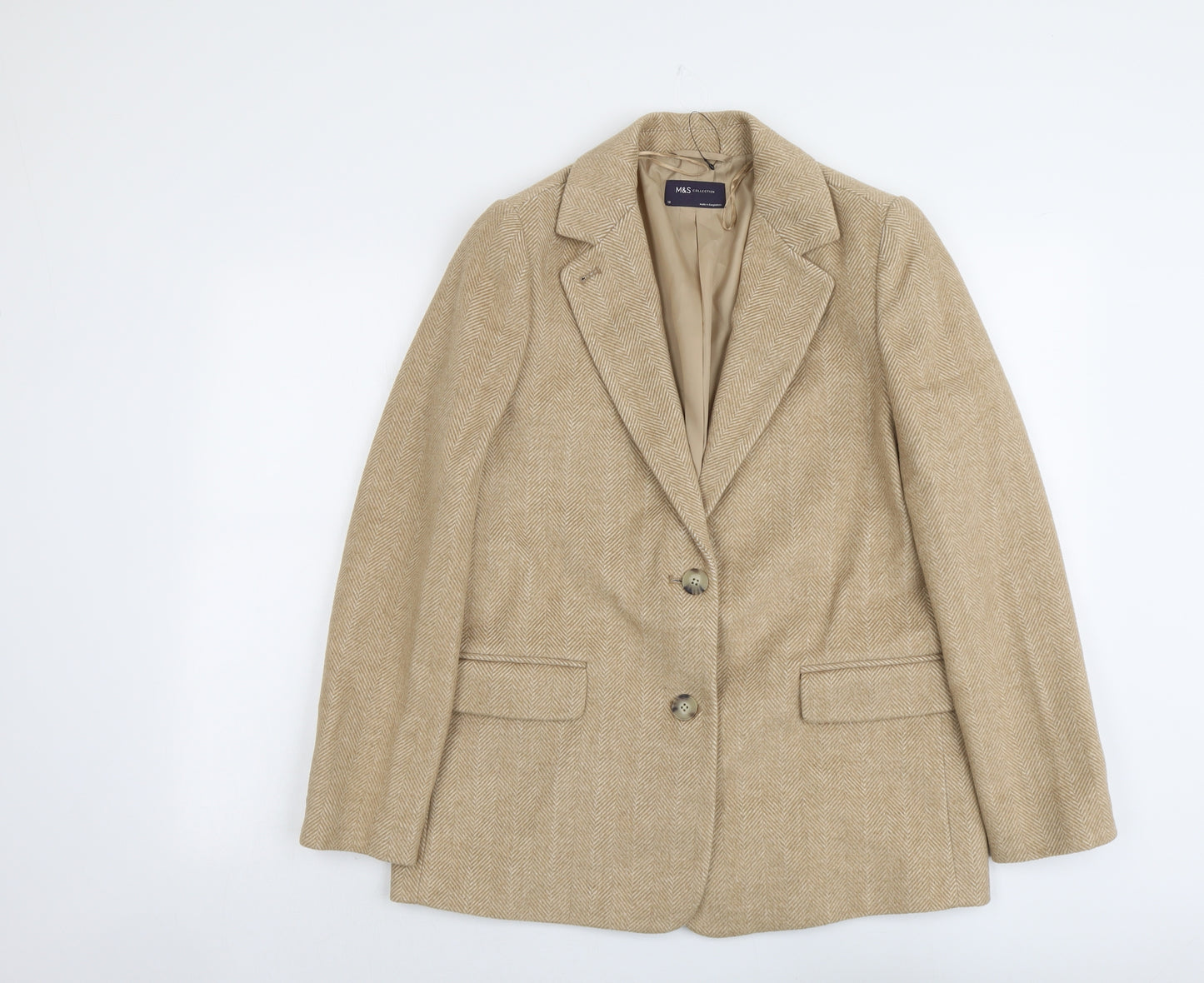 Marks and Spencer Womens Beige Geometric Jacket Blazer Size 12 Button