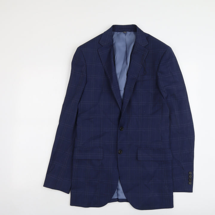 Marks and Spencer Mens Blue Plaid Polyester Jacket Suit Jacket Size 38 Regular