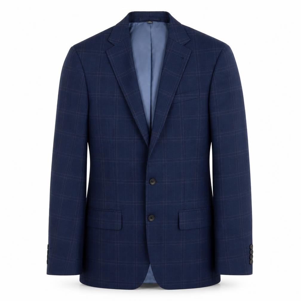 Front view of Marks & Spencer men’s blue plaid polyester jacket suit jacket, size 38, regular
