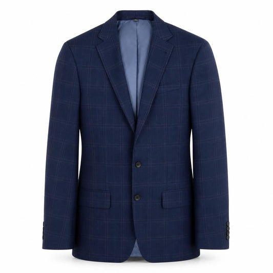 Front view of Marks & Spencer men’s blue plaid polyester jacket suit jacket, size 38, regular