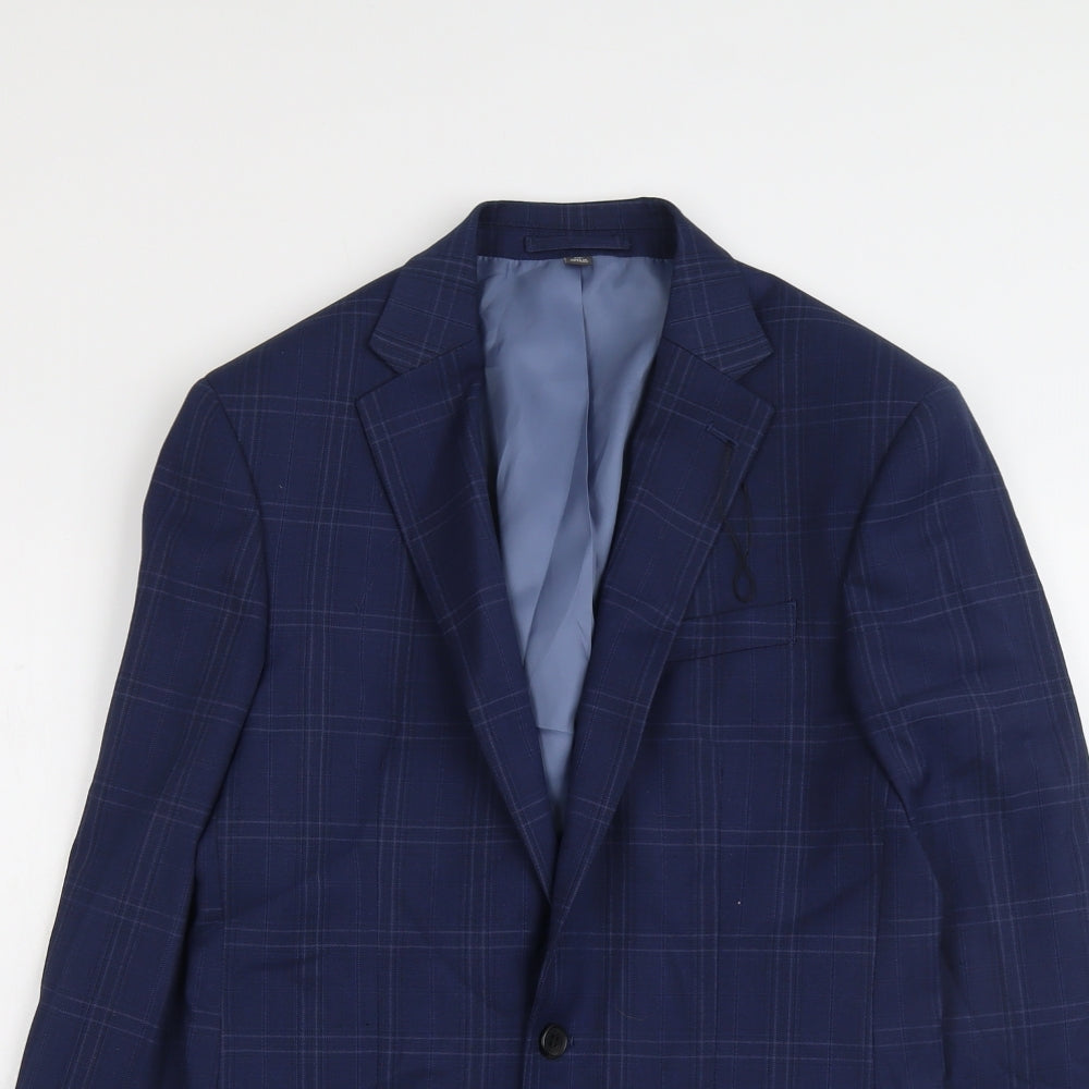 Marks and Spencer Mens Blue Plaid Polyester Jacket Suit Jacket Size 38 Regular