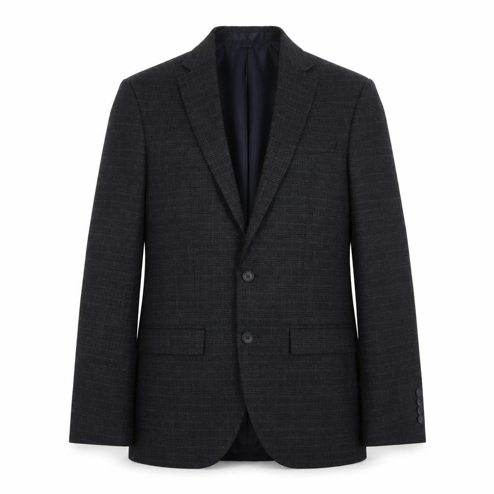 Front view of Marks & Spencer men’s grey plaid polyester jacket suit jacket, size 36, regular