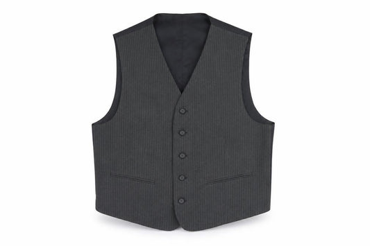 Front view of Canada men’s grey striped polyester jacket suit waistcoat, size 40, regular