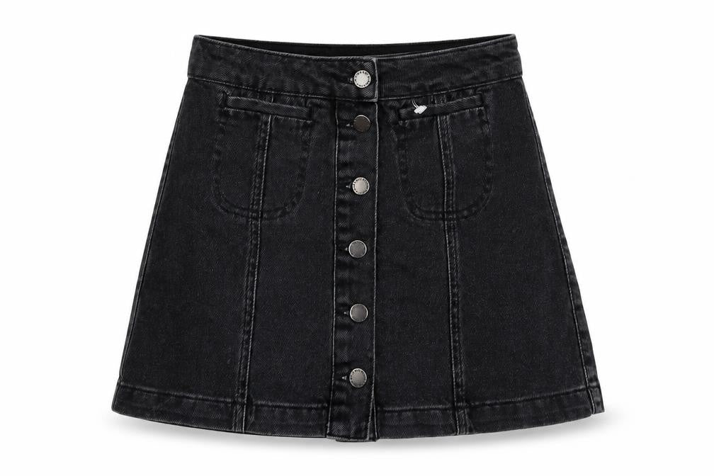 Front view of Topshop women’s grey cotton mini skirt, size UK 6, button