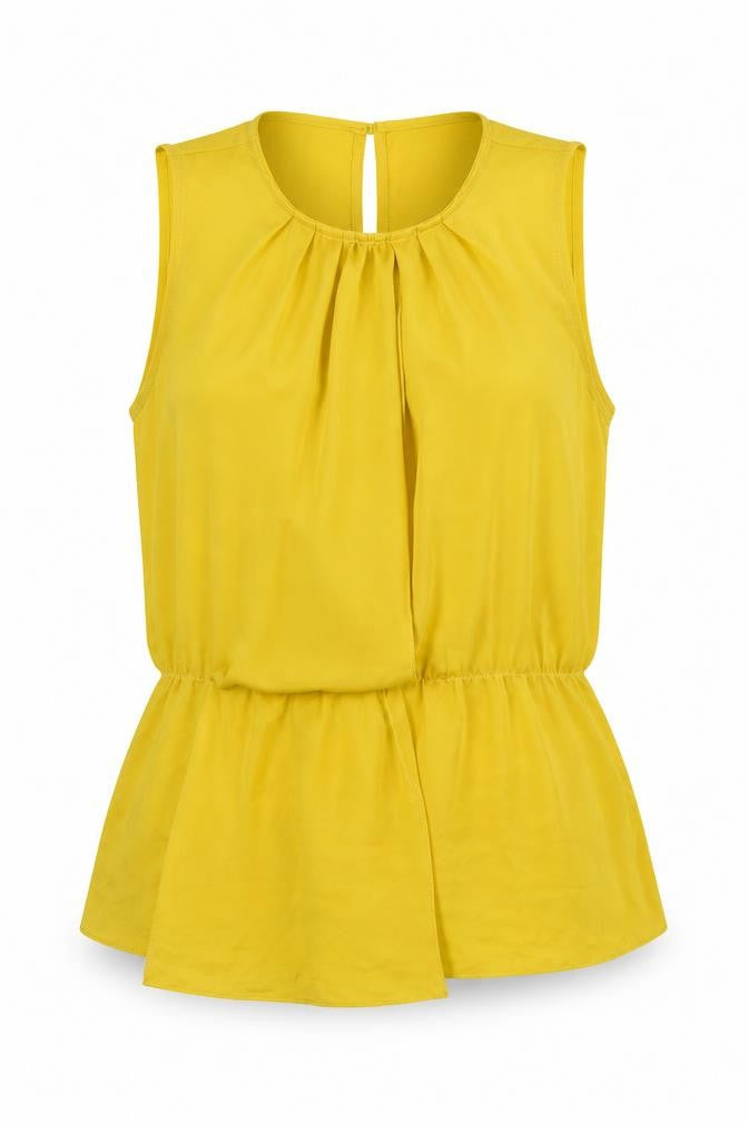 Front view of Zara women’s yellow polyester basic blouse, size S, round neck - front pleat detail