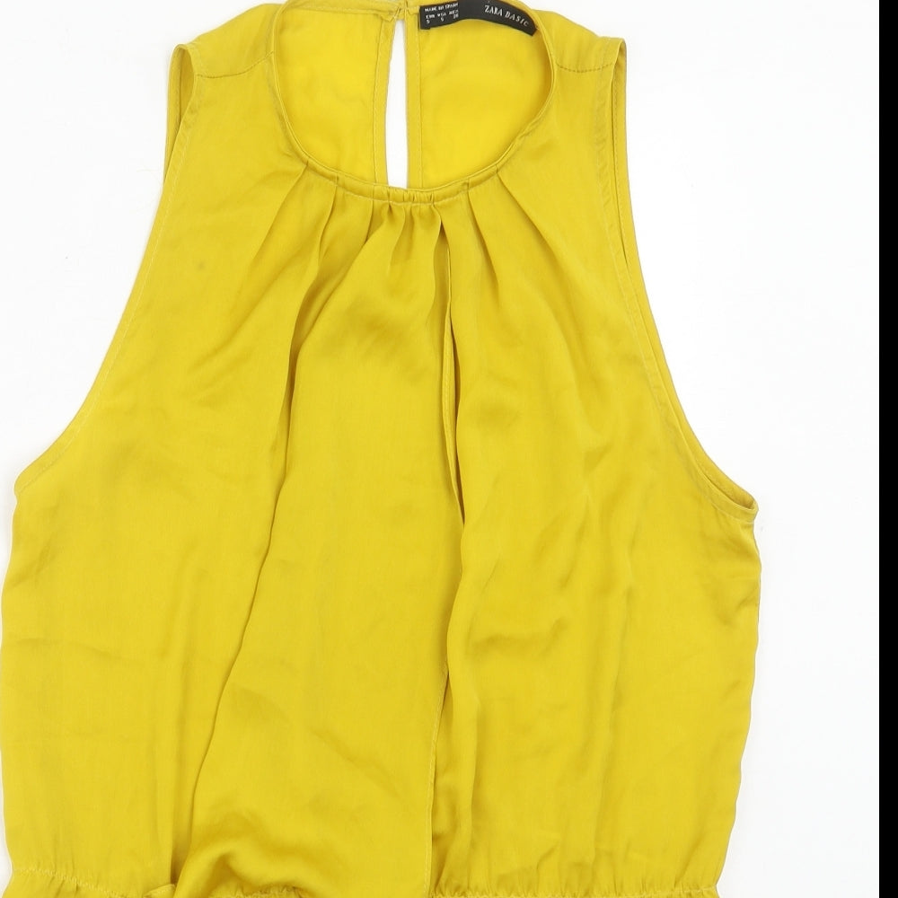 Zara Womens Yellow Polyester Basic Blouse Size S Round Neck - Front Pleat Detail