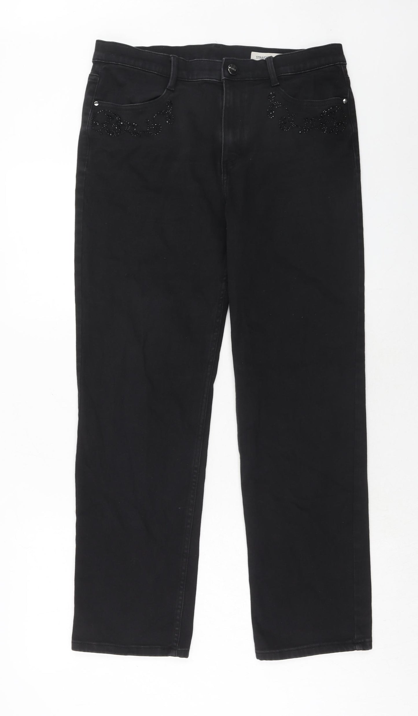 Marks and Spencer Womens Black Cotton Straight Jeans Size 14 Regular Zip